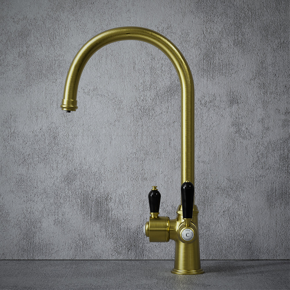 Heritage Cruciform 3 in 1 Brushed Brass Black Handle Boiling Hot Water Tap