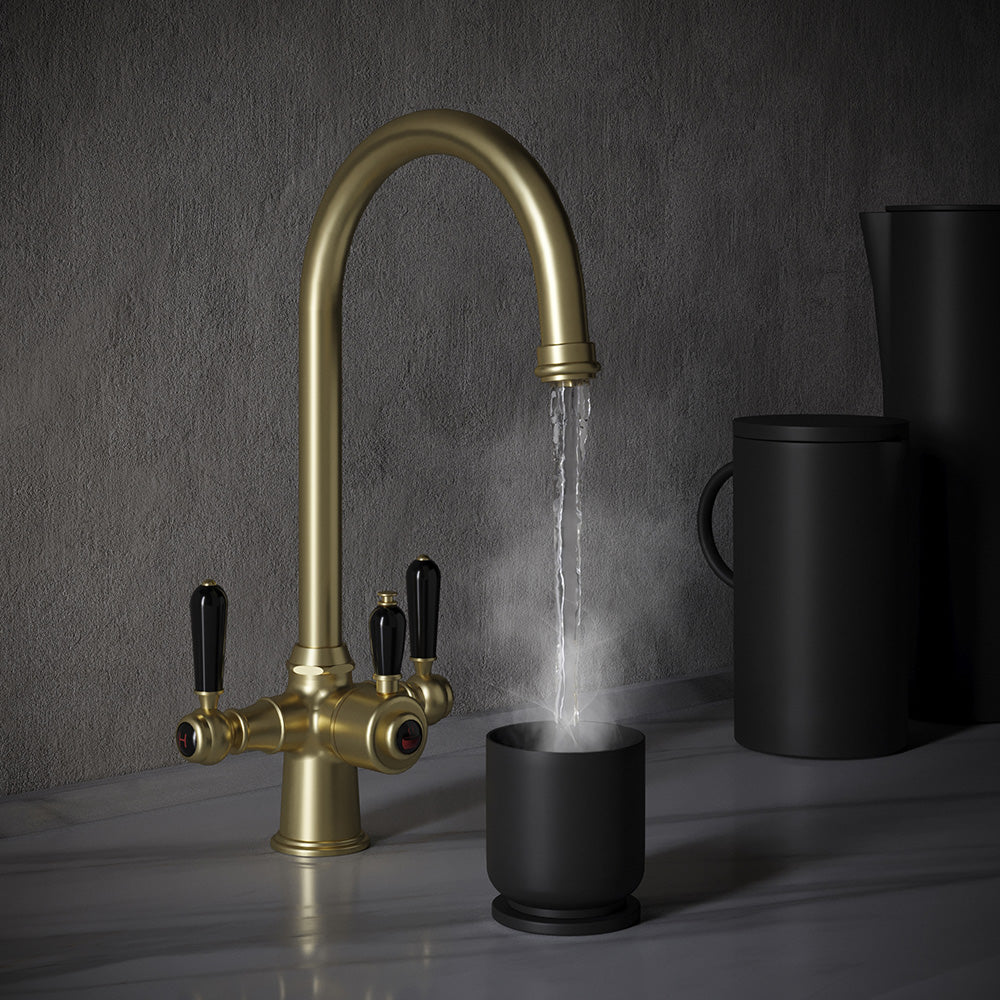 Heritage Cruciform 3 in 1 Brushed Brass White Handle Boiling Hot Water Tap