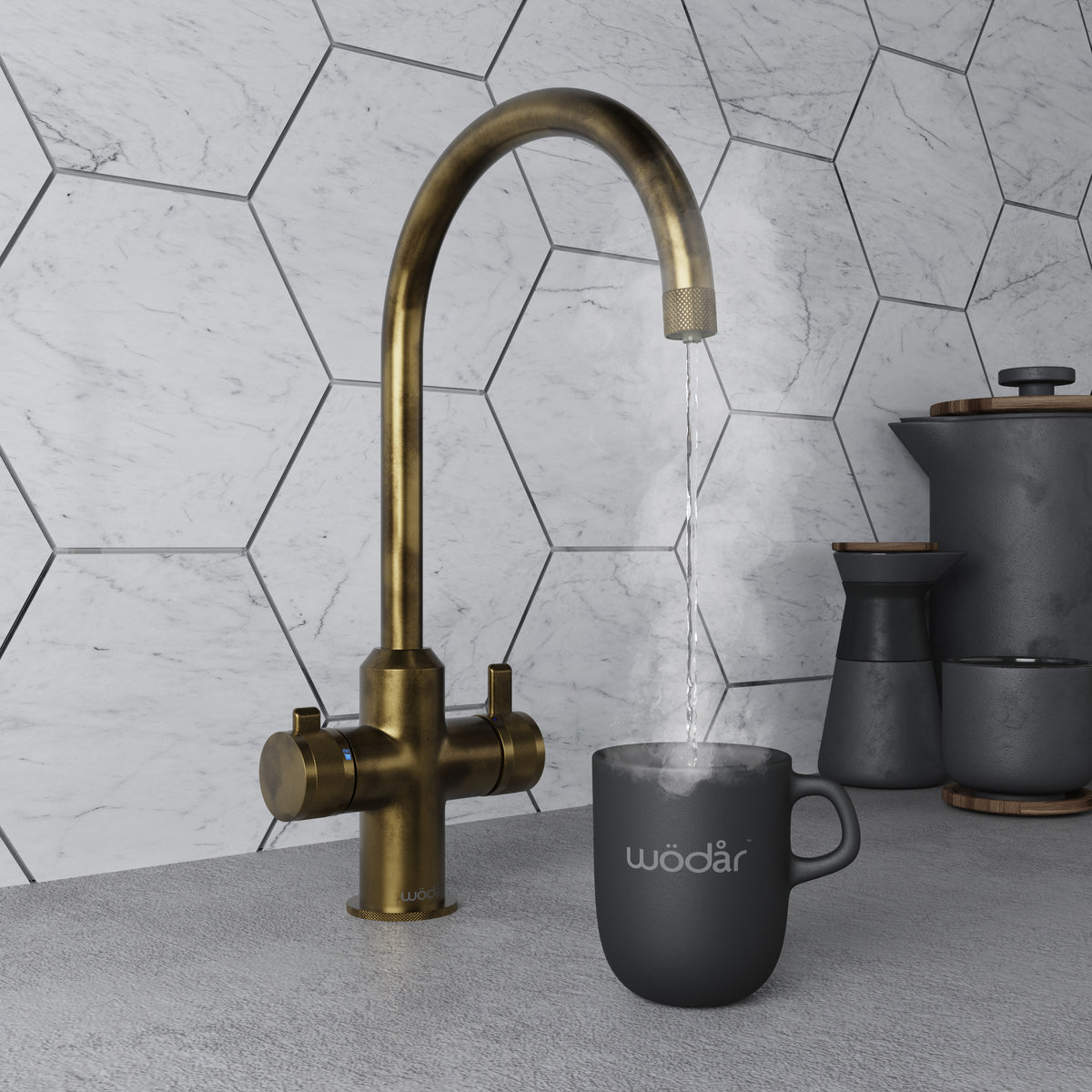 Design+ Swan Neck 4 in 1 Aged Brass Boiling Hot Water Tap – Wodar