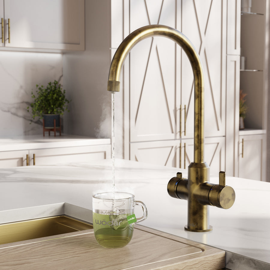 Design+ Swan Neck 4 in 1 Aged Brass Boiling Hot Water Tap