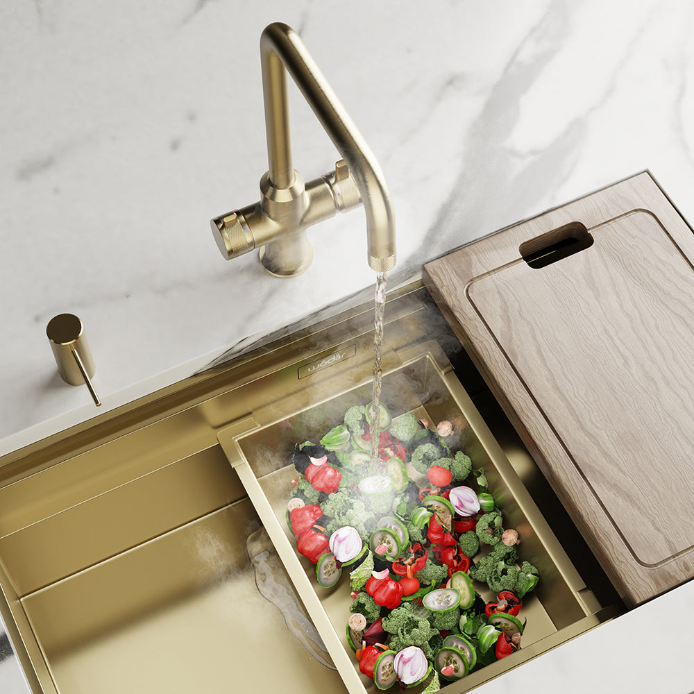 Design+ Square 4 in 1 Brushed Brass Boiling Hot Water Tap