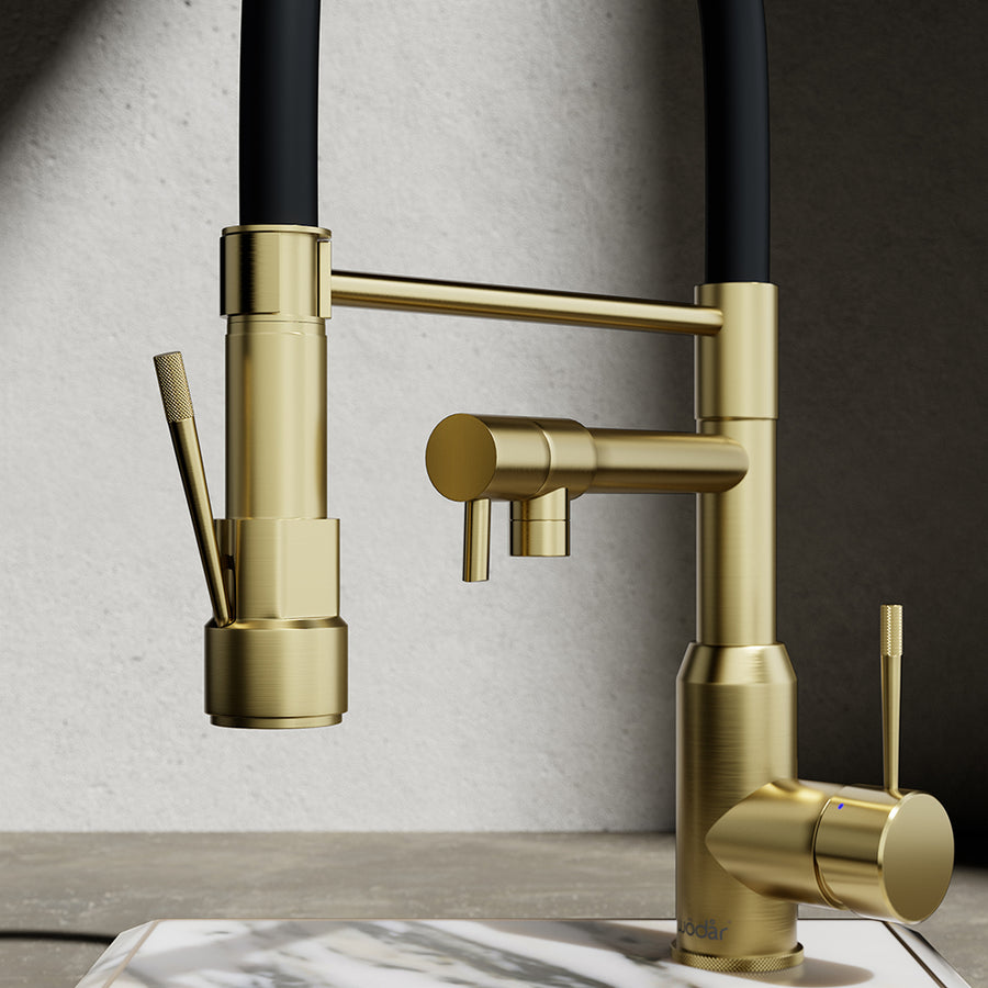 Wodar Dual Flex Hose Kitchen Sink Mixer Brushed Brass