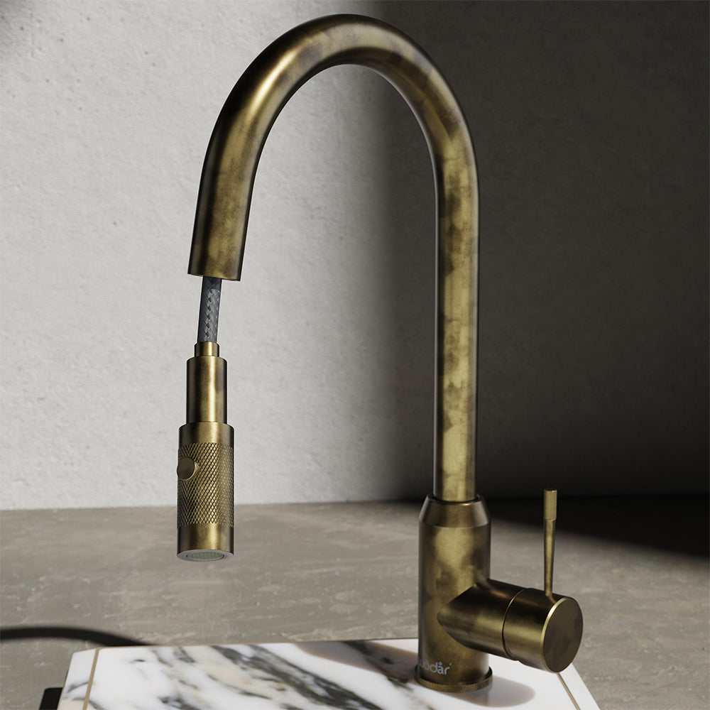 Wodar Flex Pull Out Kitchen Sink Mixer Aged Brass