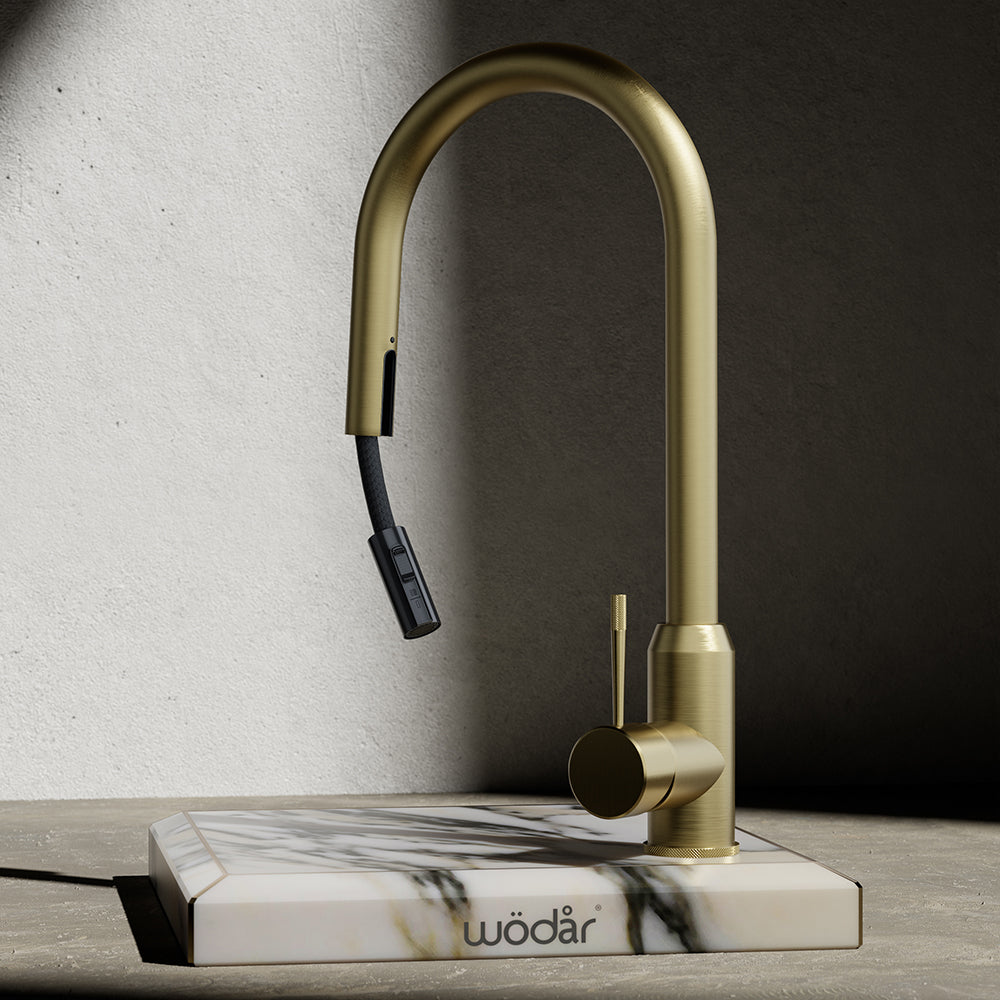 Wodar Fusion Hidden Pull Out Kitchen Sink Mixer Brushed Brass