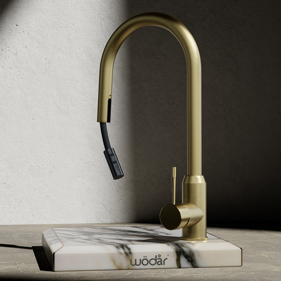 Wodar Fusion Hidden Pull Out Kitchen Sink Mixer Brushed Brass