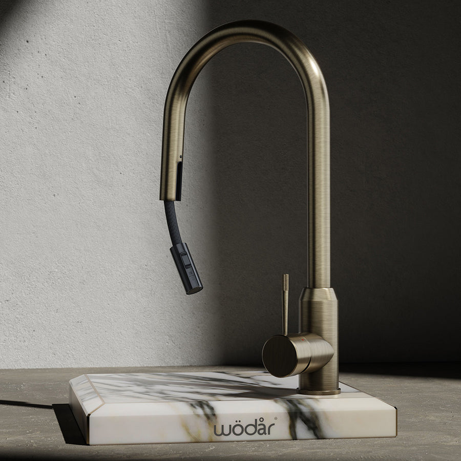 Wodar Fusion Hidden Pull Out Kitchen Sink Mixer Dark Brass