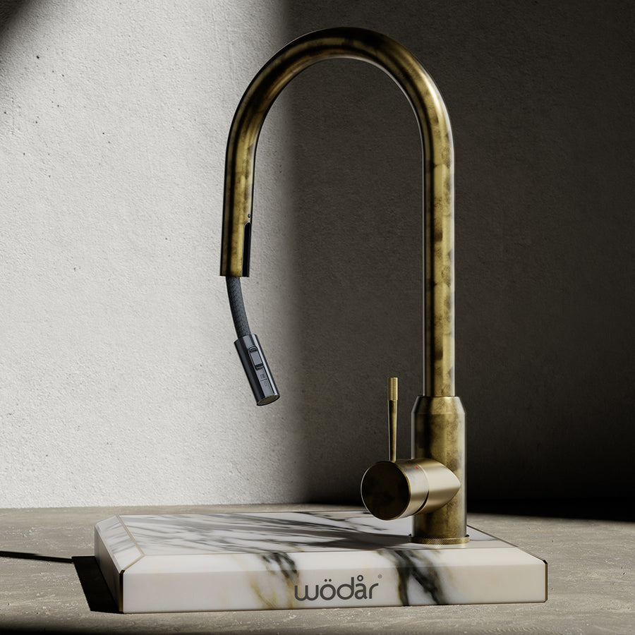 Wodar Fusion Hidden Pull Out Kitchen Sink Mixer Aged Brass