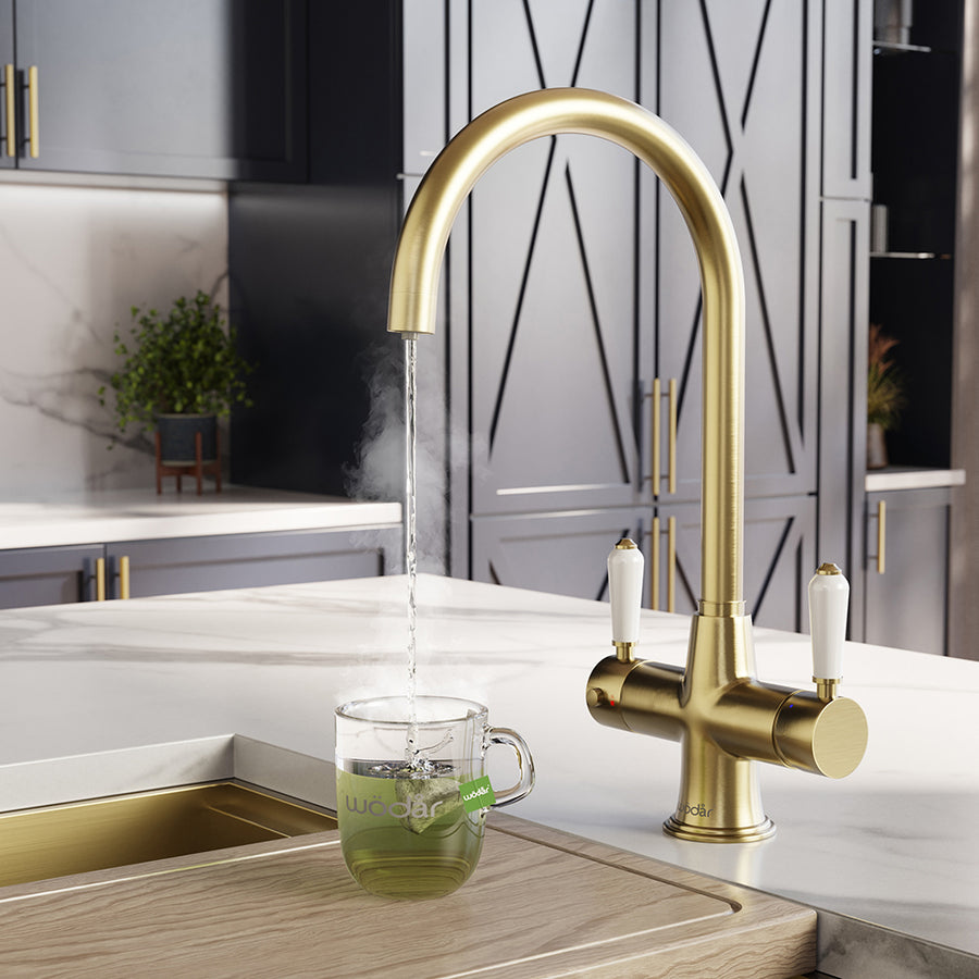 Holborn Traditional 3 in 1 Brushed Brass White Handle Boiling Hot Water Tap
