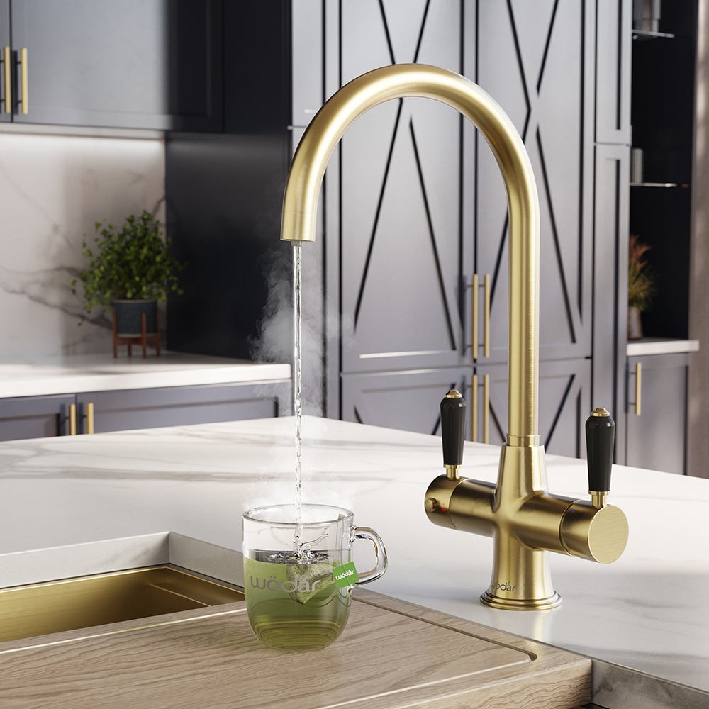 Holborn Traditional 3 in 1 Brushed Brass Black Handle Boiling Hot Water Tap