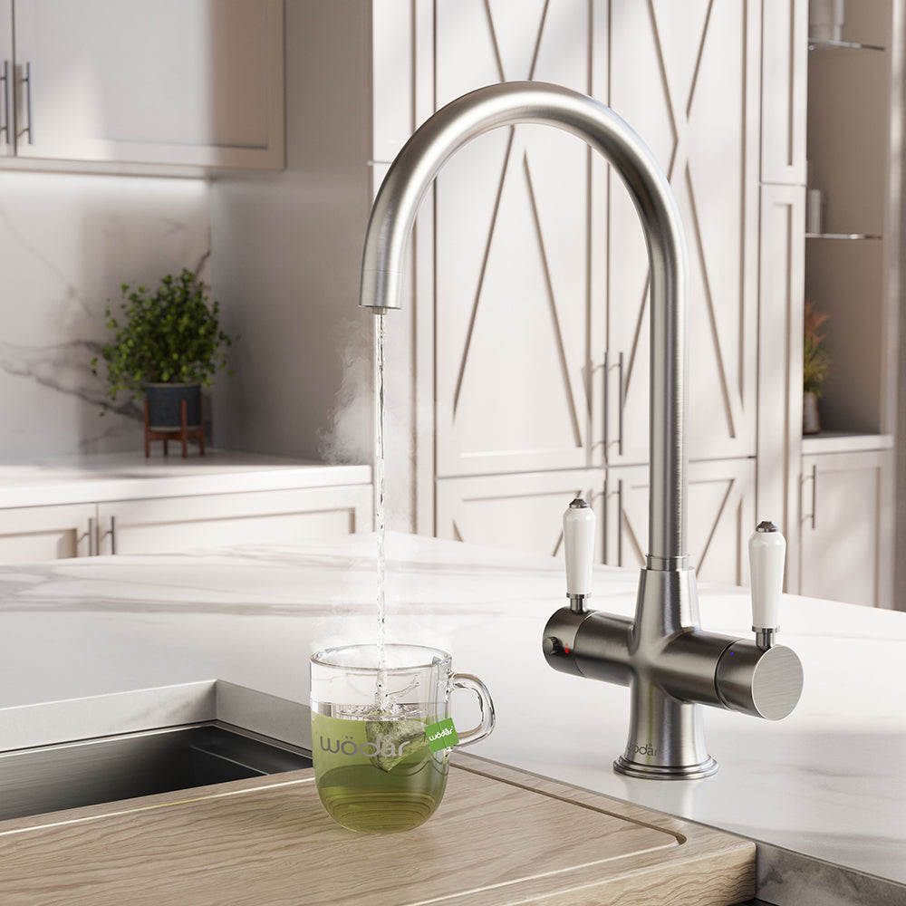 Holborn Traditional 3 in 1 Brushed Nickel White Handle Boiling Hot Water Tap