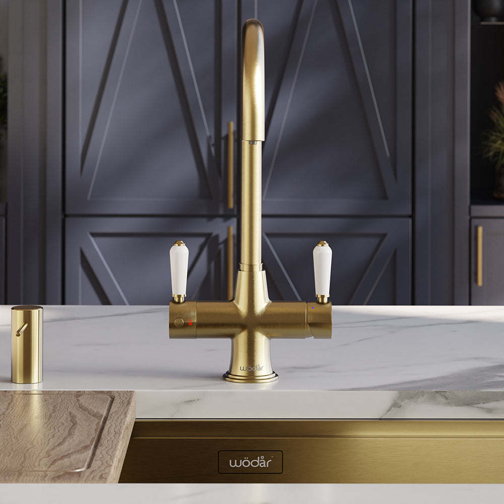 Holborn Traditional 3 in 1 Brushed Brass White Handle Boiling Hot Wate ...