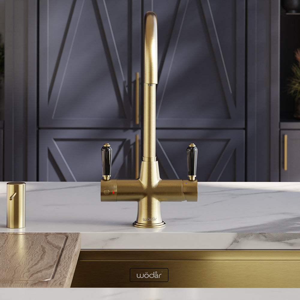 Holborn Traditional 3 in 1 Brushed Brass Black Handle Boiling Hot Water Tap