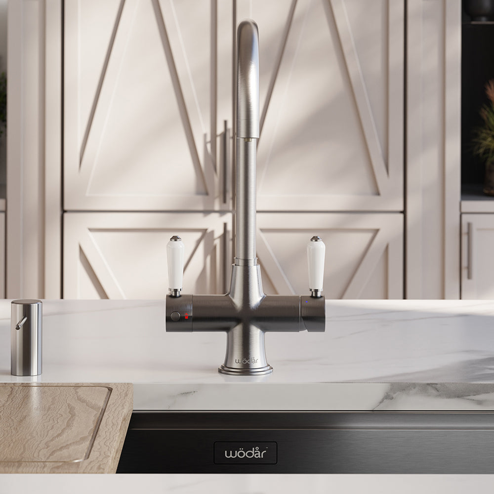 Holborn Traditional 3 in 1 Brushed Nickel White Handle Boiling Hot Water Tap