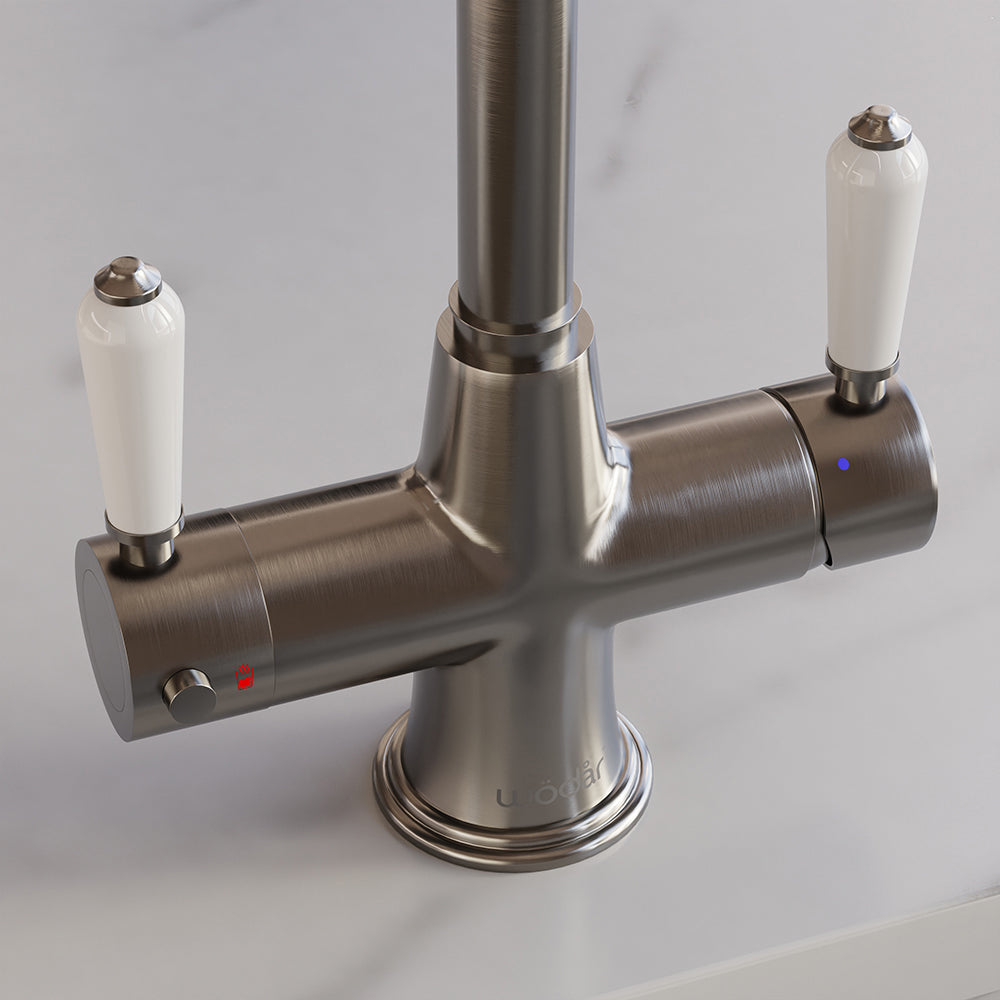 Holborn Traditional 3 in 1 Brushed Nickel White Handle Boiling Hot Water Tap