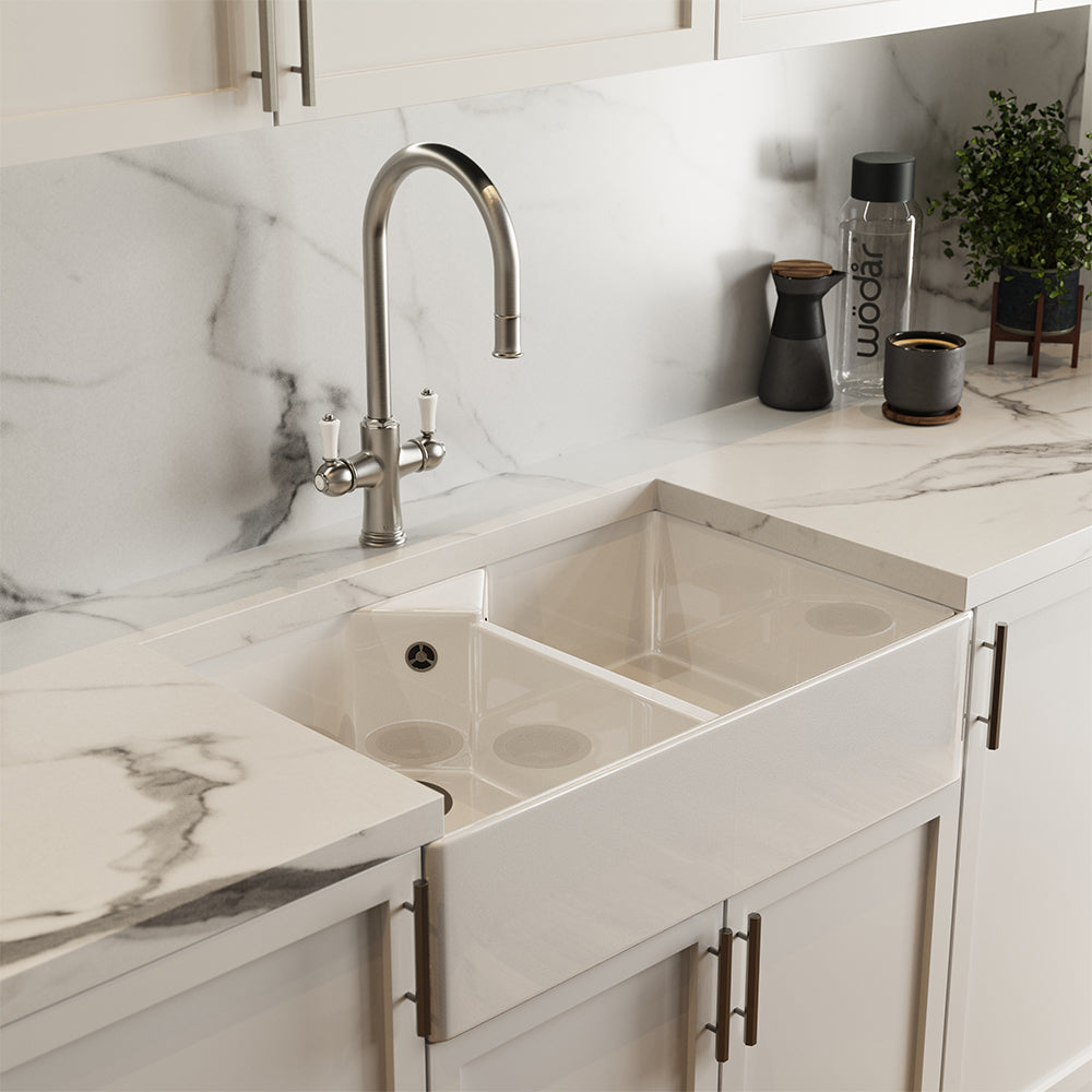 Knightsbridge Traditional 4 in 1 Pull Out Brushed Nickel White Handle Boiling Hot Water Tap