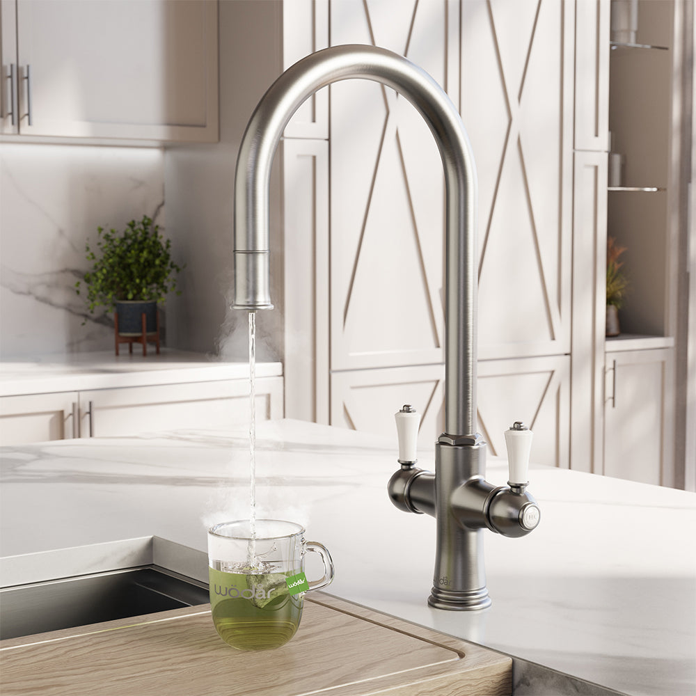 Knightsbridge Traditional 4 in 1 Pull Out Brushed Nickel White Handle Boiling Hot Water Tap