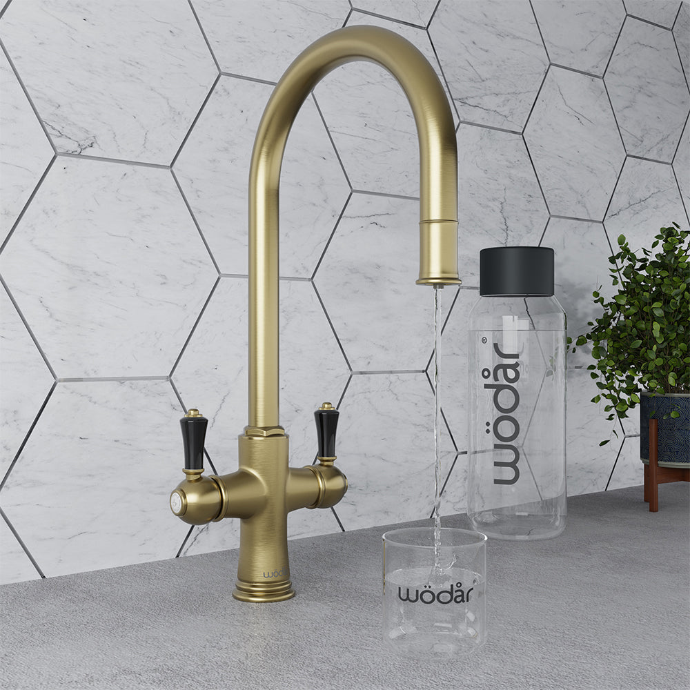 Knightsbridge Traditional 4 in 1 Pull Out Brushed Brass Black Handle Boiling Hot Water Tap