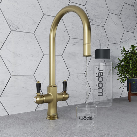 Knightsbridge Traditional 4 in 1 Pull Out Brushed Brass Black Handle Boiling Hot Water Tap