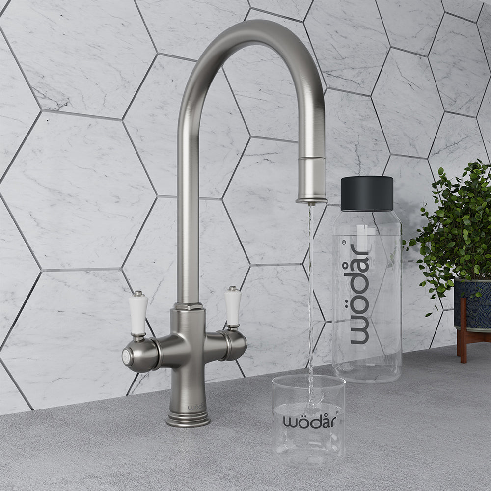 Knightsbridge Traditional 4 in 1 Pull Out Brushed Nickel White Handle Boiling Hot Water Tap