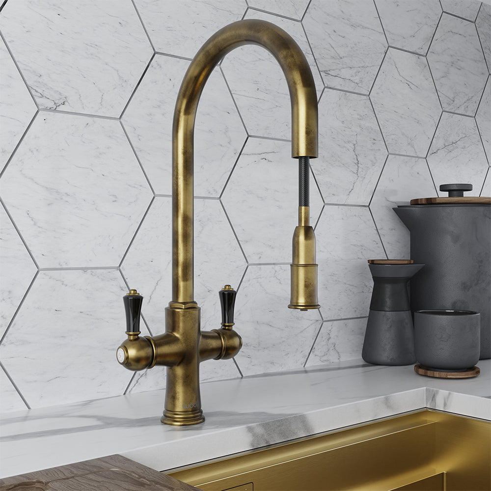 Knightsbridge Traditional 4 in 1 Pull Out Aged Brass Black Handle Boiling Hot Water Tap