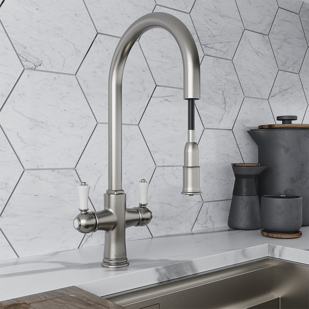 Knightsbridge Traditional 4 in 1 Pull Out Brushed Nickel White Handle Boiling Hot Water Tap