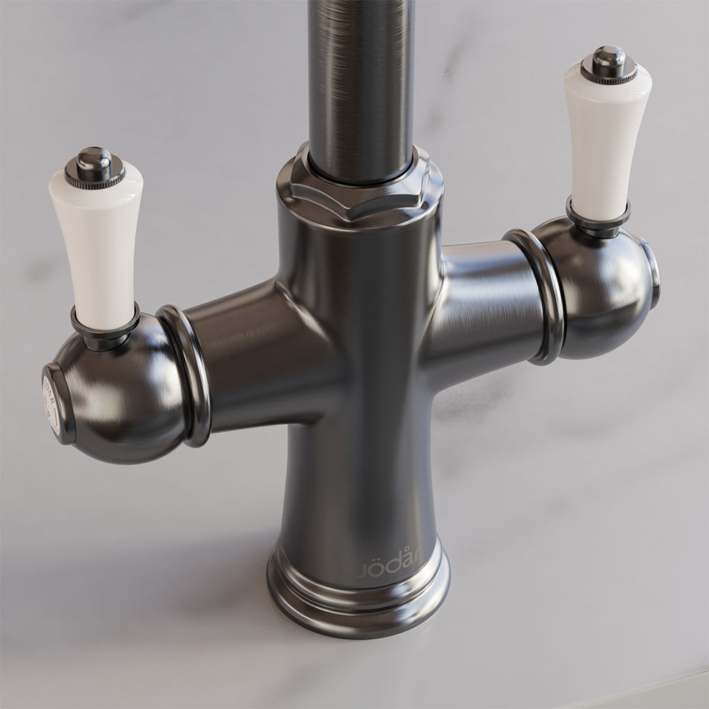 Knightsbridge Traditional 4 in 1 Pull Out Brushed Nickel White Handle Boiling Hot Water Tap