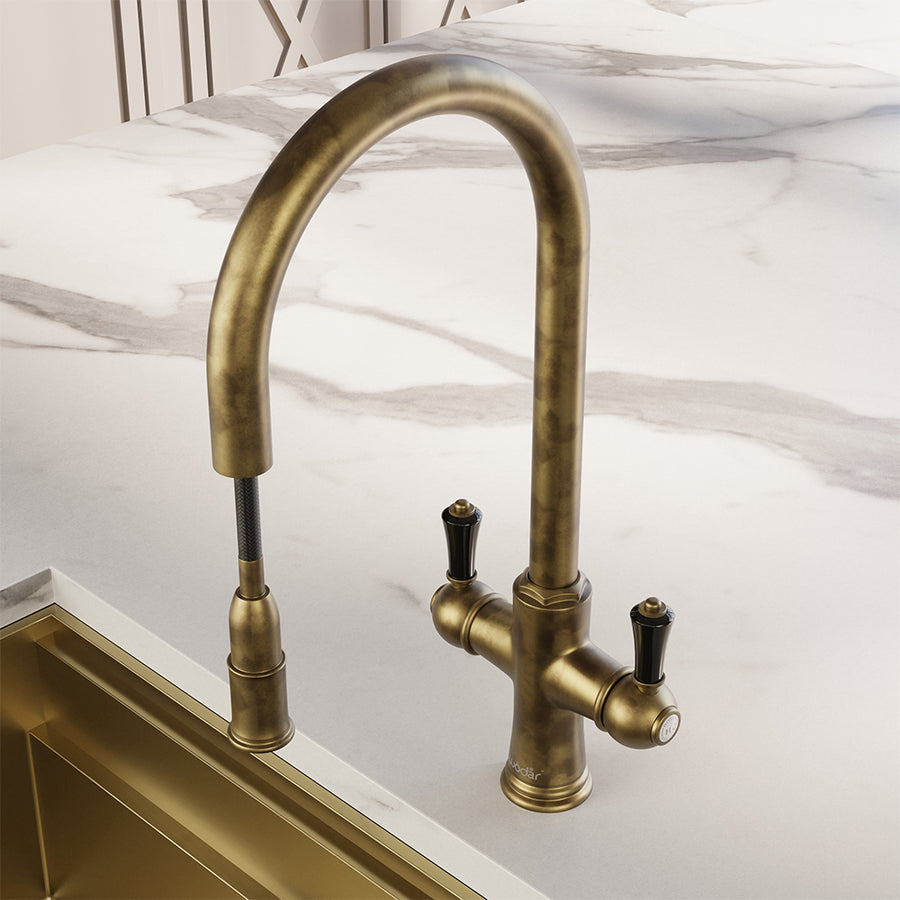 Knightsbridge Traditional 4 in 1 Pull Out Aged Brass Black Handle Boiling Hot Water Tap