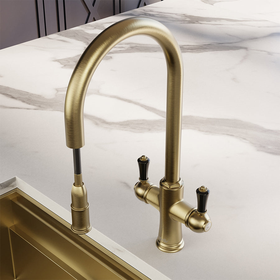 Knightsbridge Traditional 4 in 1 Pull Out Brushed Brass Black Handle Boiling Hot Water Tap
