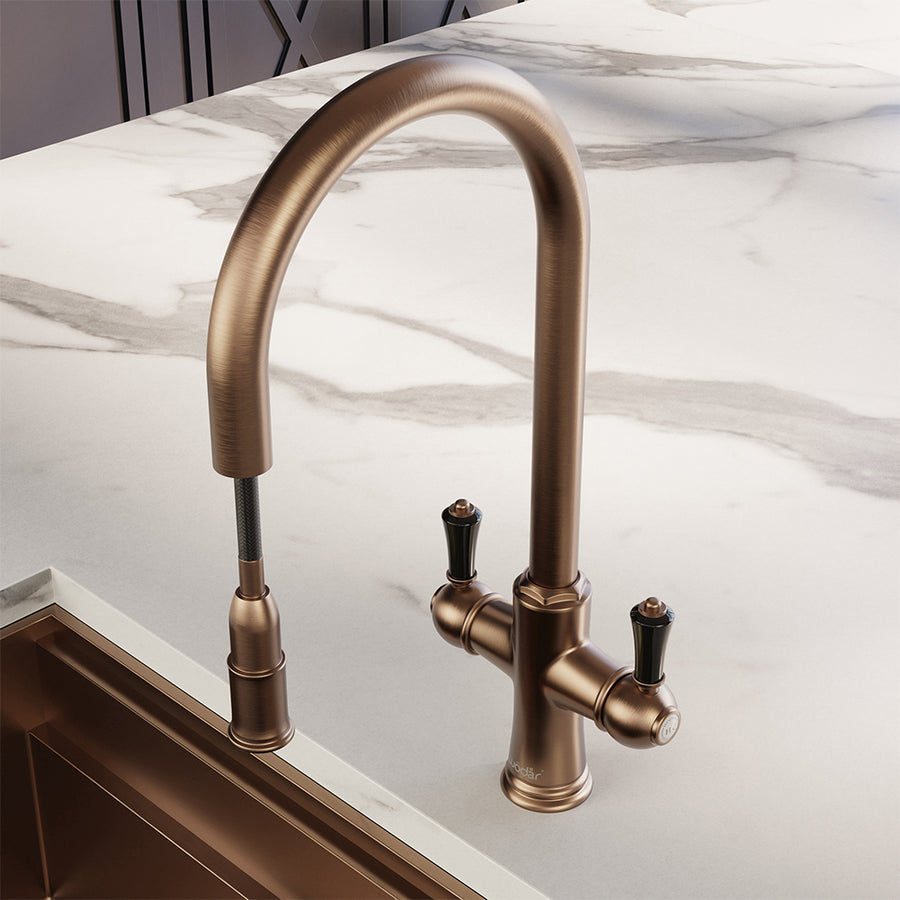 Knightsbridge Traditional 4 in 1 Pull Out Brushed Copper Black Handle Boiling Hot Water Tap
