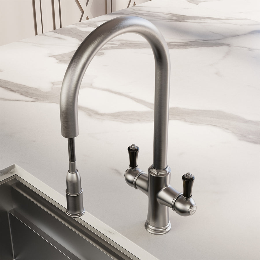 Knightsbridge Traditional 4 in 1 Pull Out Brushed Nickel Black Handle Boiling Hot Water Tap