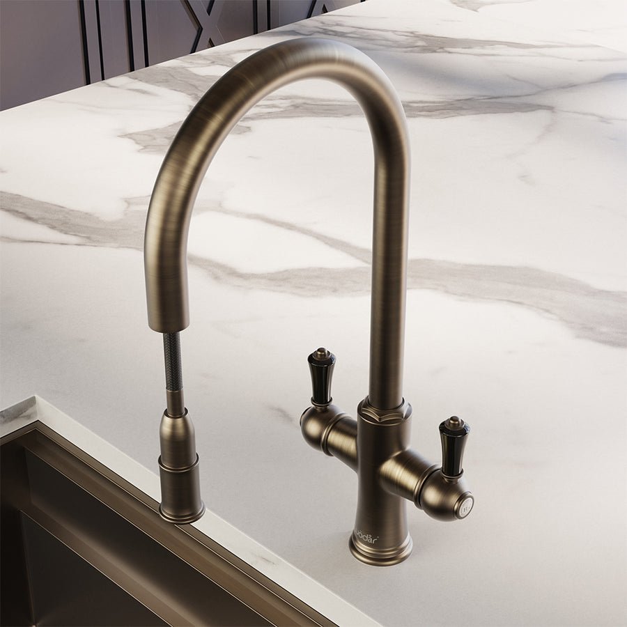 Knightsbridge Traditional 4 in 1 Pull Out Dark Brass Black Handle Boiling Hot Water Tap