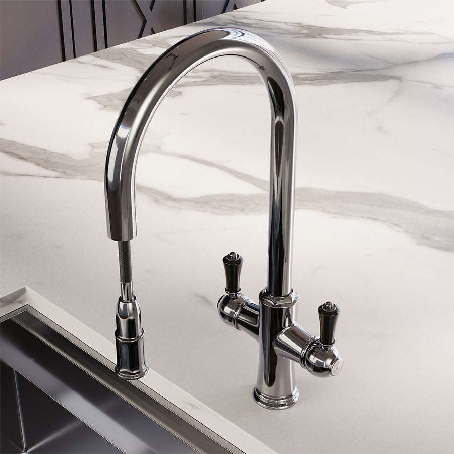 Knightsbridge Traditional 4 in 1 Pull Out Chrome Black Handle Boiling Hot Water Tap