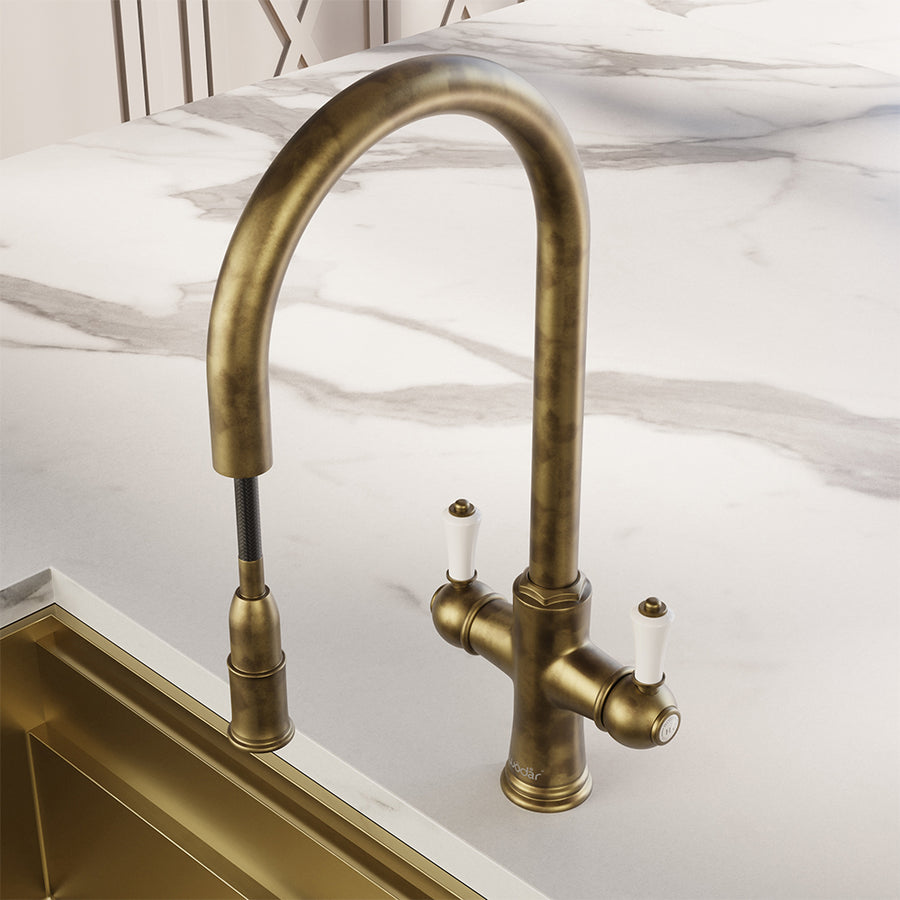 Knightsbridge Traditional 4 in 1 Pull Out Aged Brass White Handle Boiling Hot Water Tap