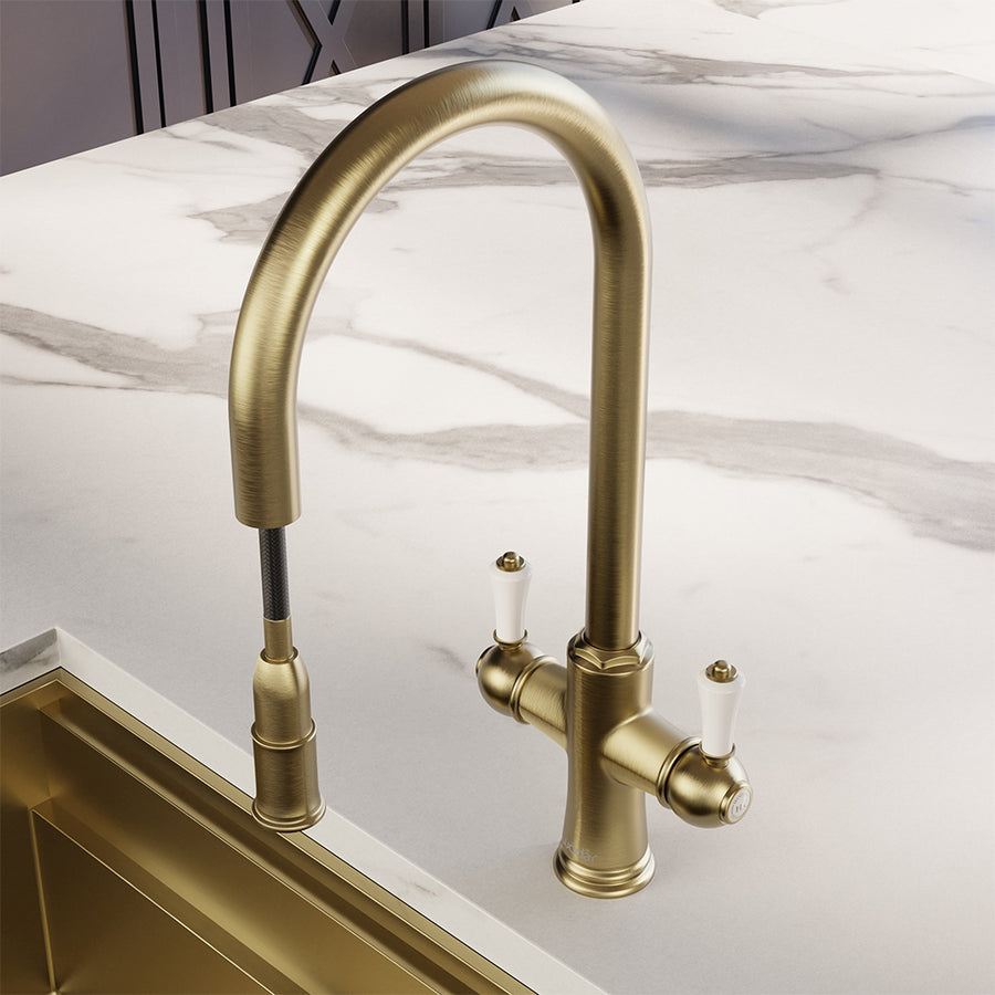 Knightsbridge Traditional 4 in 1 Pull Out Brushed Brass White Handle Boiling Hot Water Tap