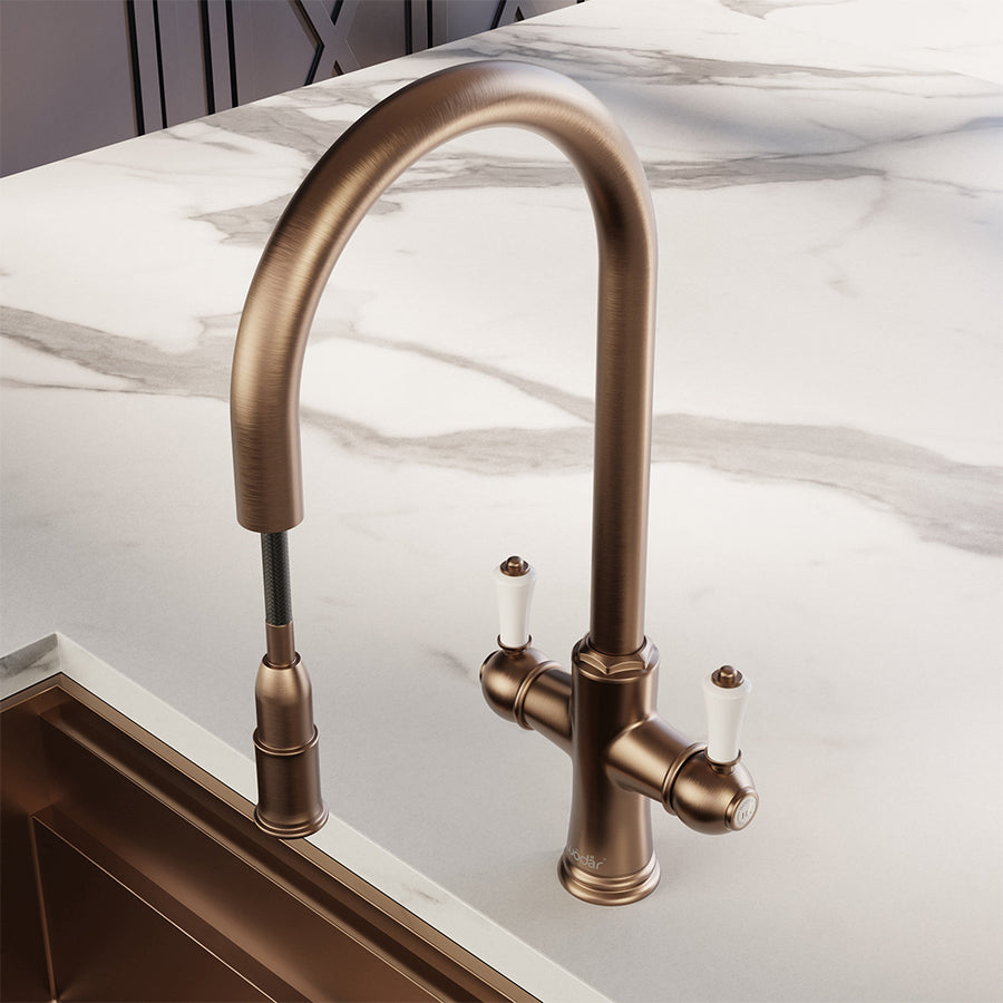 Knightsbridge Traditional 4 in 1 Pull Out Brushed Copper White Handle Boiling Hot Water Tap