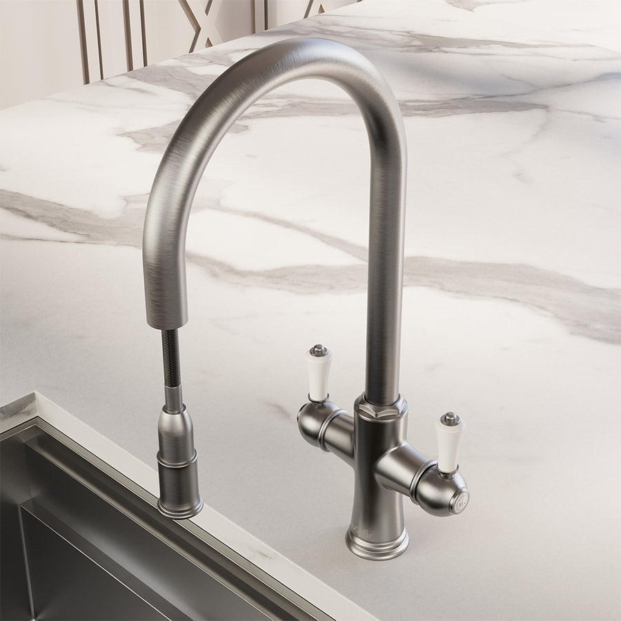 Knightsbridge Traditional 4 in 1 Pull Out Brushed Nickel White Handle Boiling Hot Water Tap