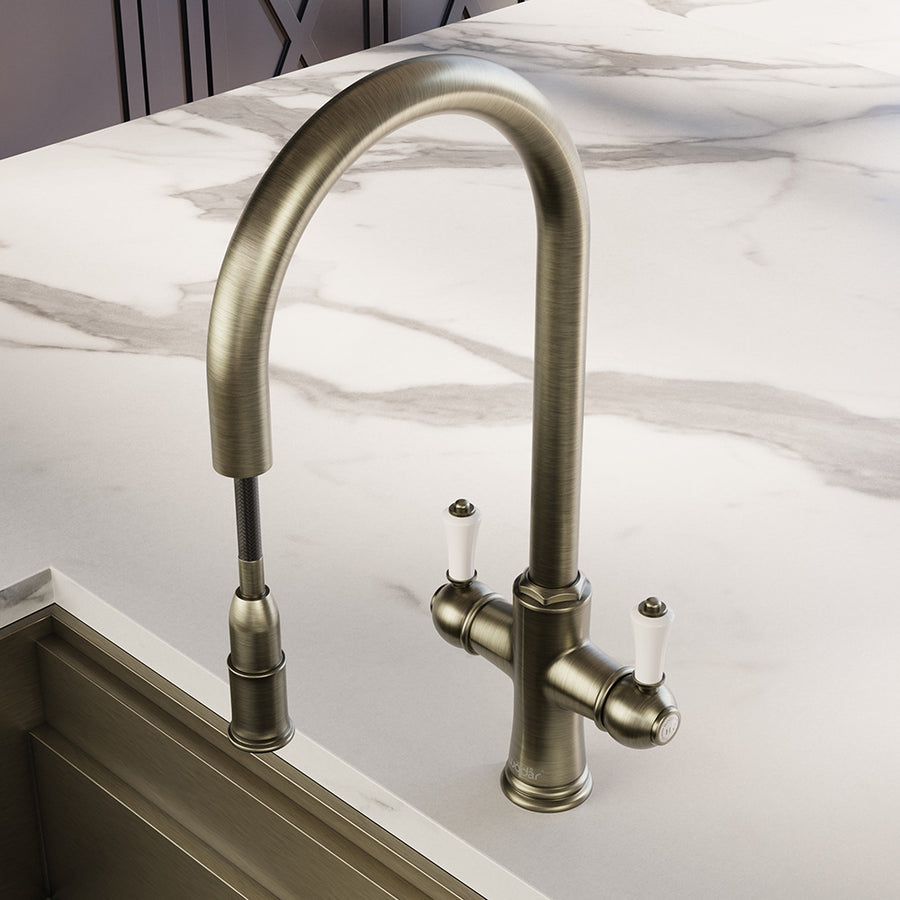 Knightsbridge Traditional 4 in 1 Pull Out Dark Brass White Handle Boiling Hot Water Tap