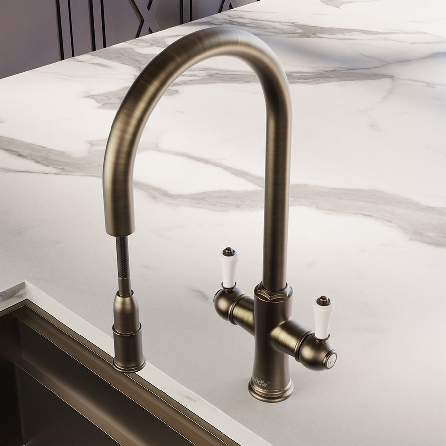 Knightsbridge Traditional 4 in 1 Pull Out Dark Brass White Handle Boiling Hot Water Tap