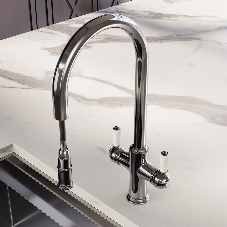 Knightsbridge Traditional 4 in 1 Pull Out Chrome White Handle Boiling Hot Water Tap