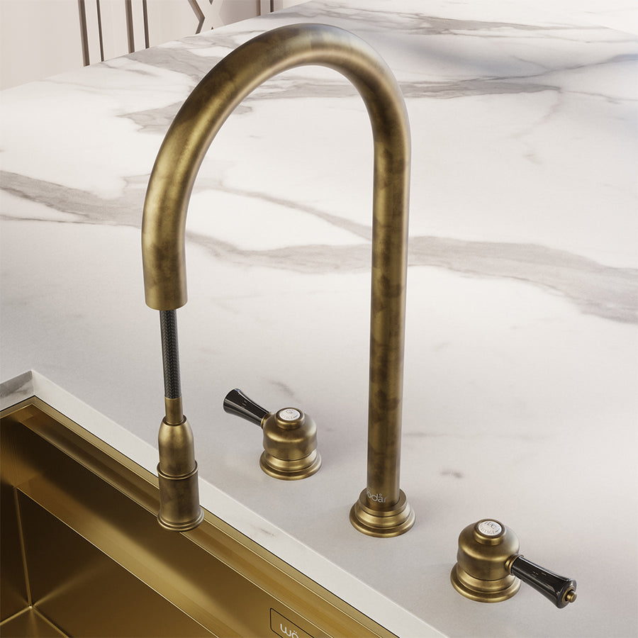 Knightsbridge Deck Mount Traditional 4 in 1 Pull Out Aged Brass Black Handle Boiling Hot Water Tap