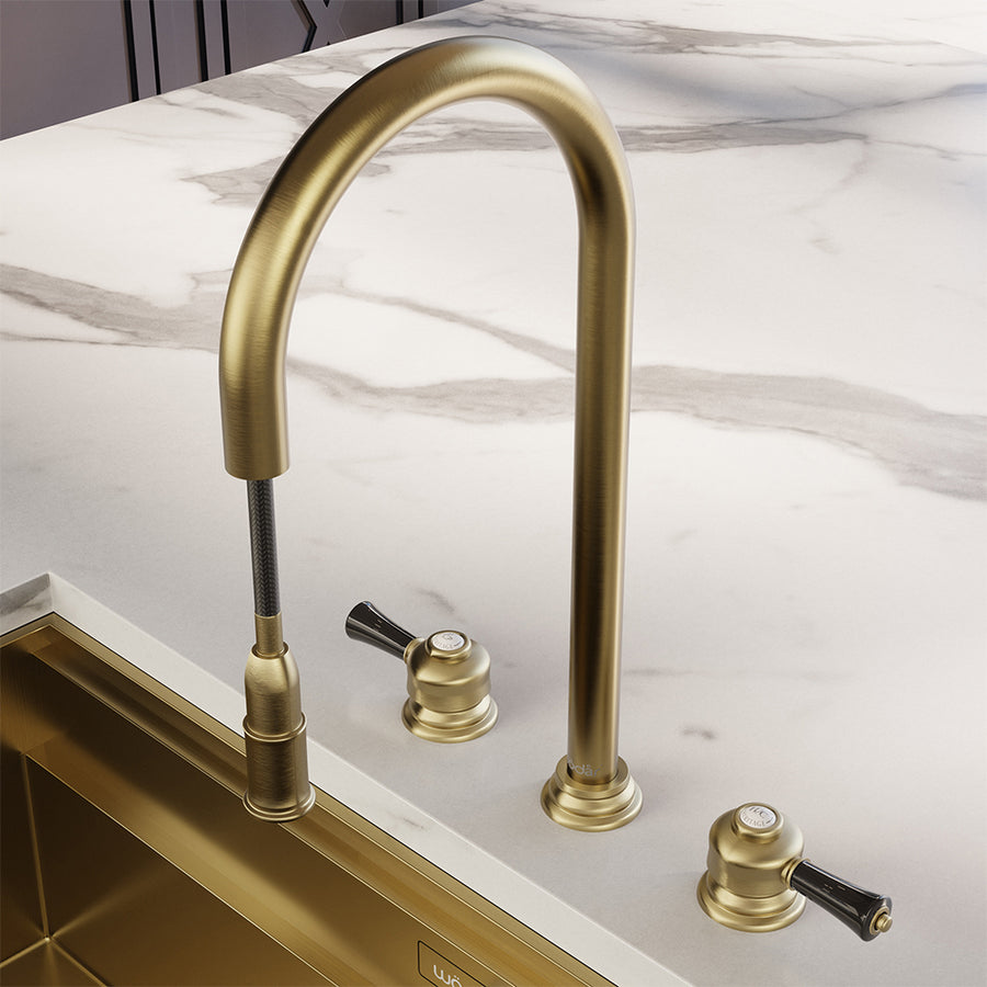 Knightsbridge Deck Mount Traditional 4 in 1 Pull Out Brushed Brass Black Handle Boiling Hot Water Tap