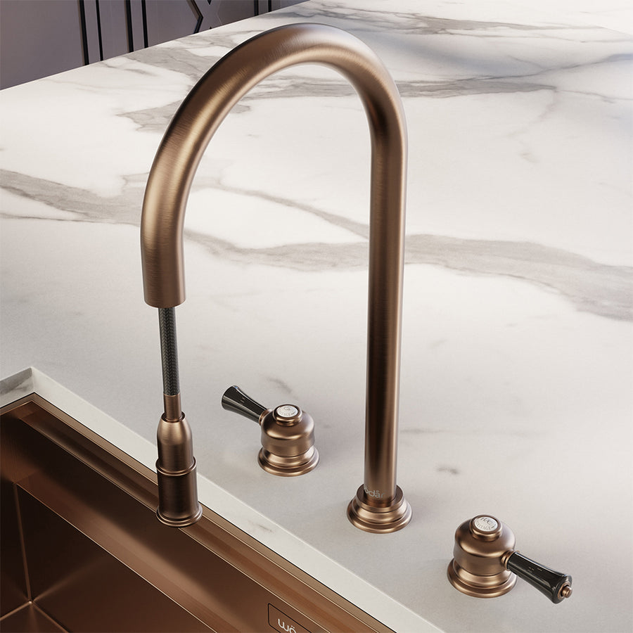 Knightsbridge Deck Mount Traditional 4 in 1 Pull Out Brushed Copper Black Handle Boiling Hot Water Tap