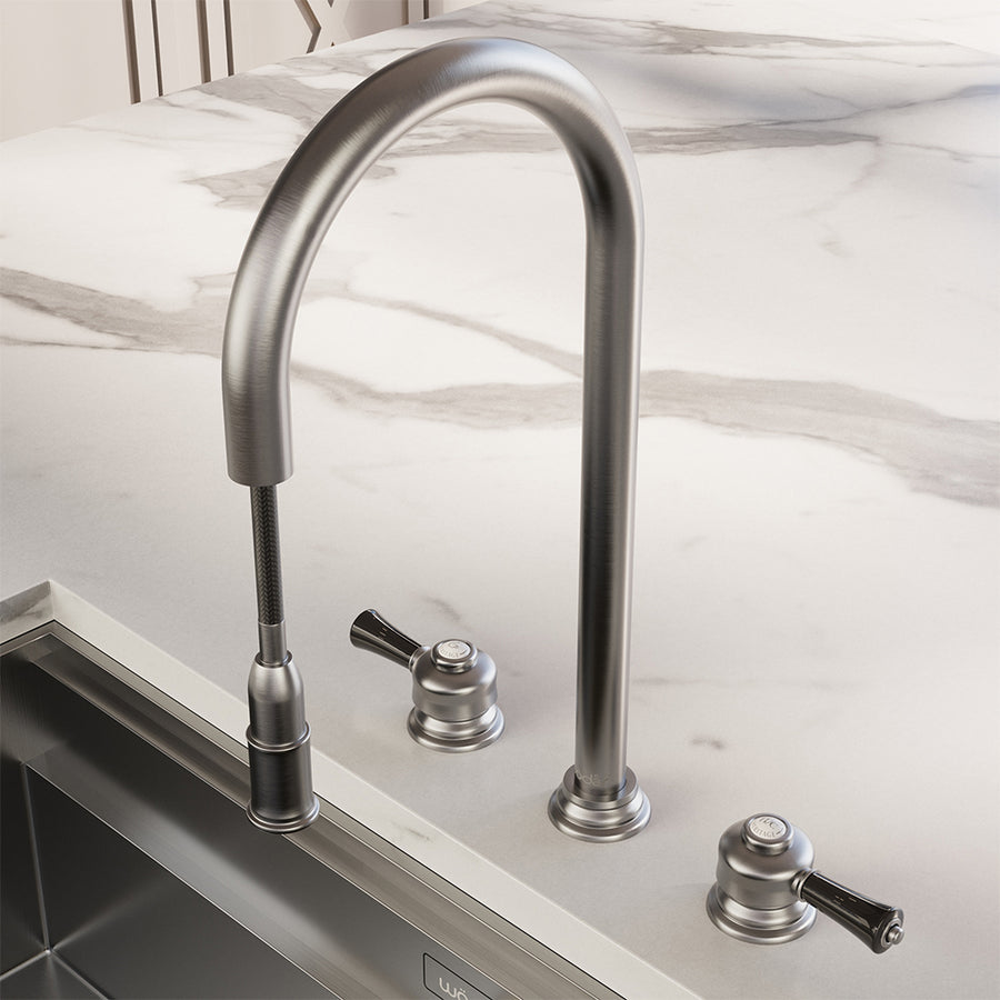 Knightsbridge Deck Mount Traditional 4 in 1 Pull Out Brushed Nickel Black Handle Boiling Hot Water Tap