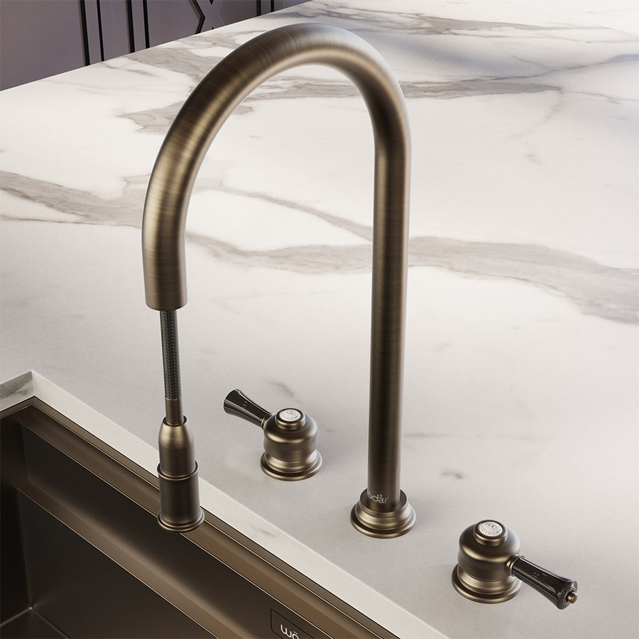 Knightsbridge Deck Mount Traditional 4 in 1 Pull Out Dark Brass Black Handle Boiling Hot Water Tap