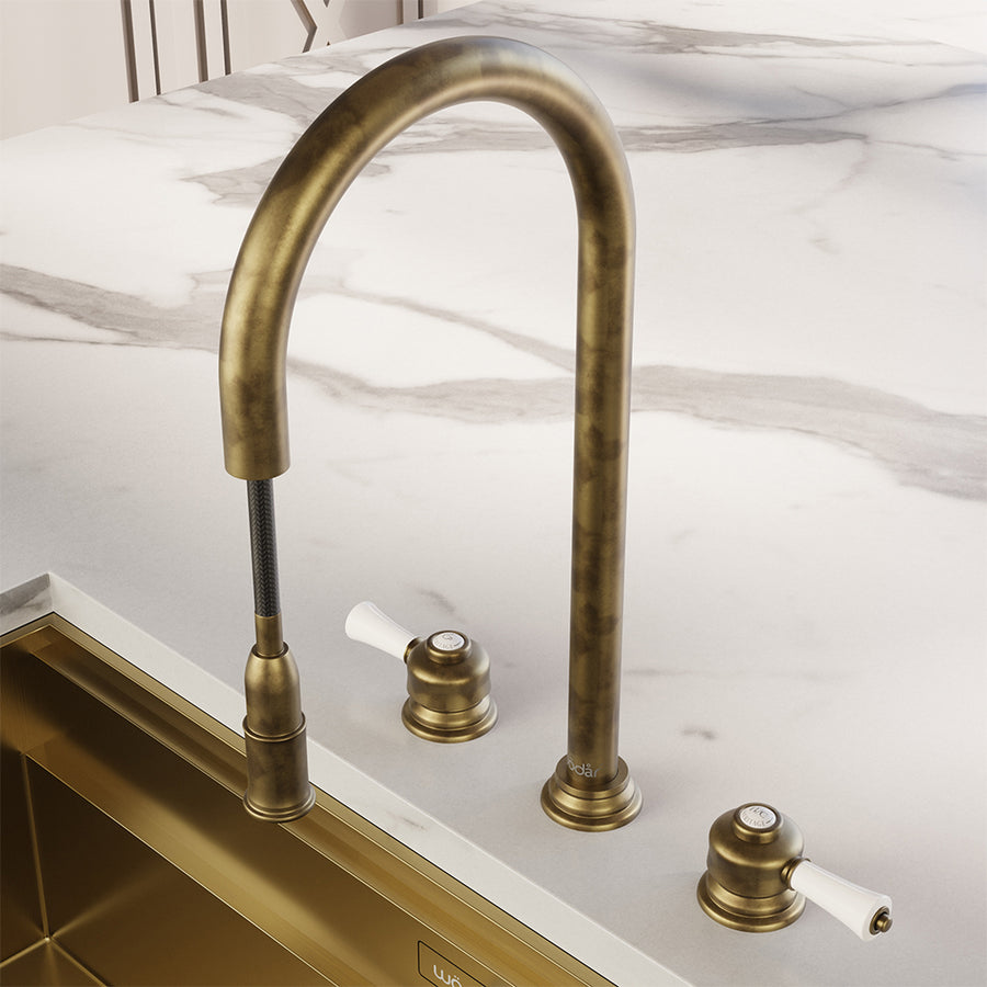 Knightsbridge Deck Mount Traditional 4 in 1 Pull Out Aged Brass White Handle Boiling Hot Water Tap