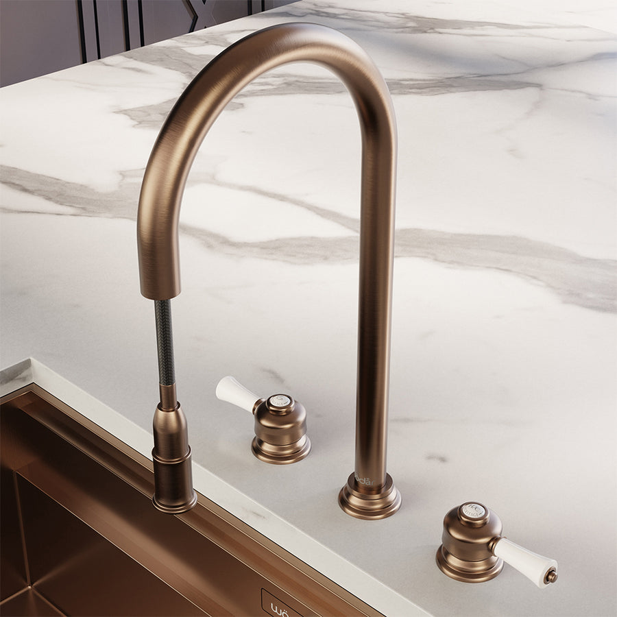 Knightsbridge Deck Mount Traditional 4 in 1 Pull Out Brushed Copper White Handle Boiling Hot Water Tap