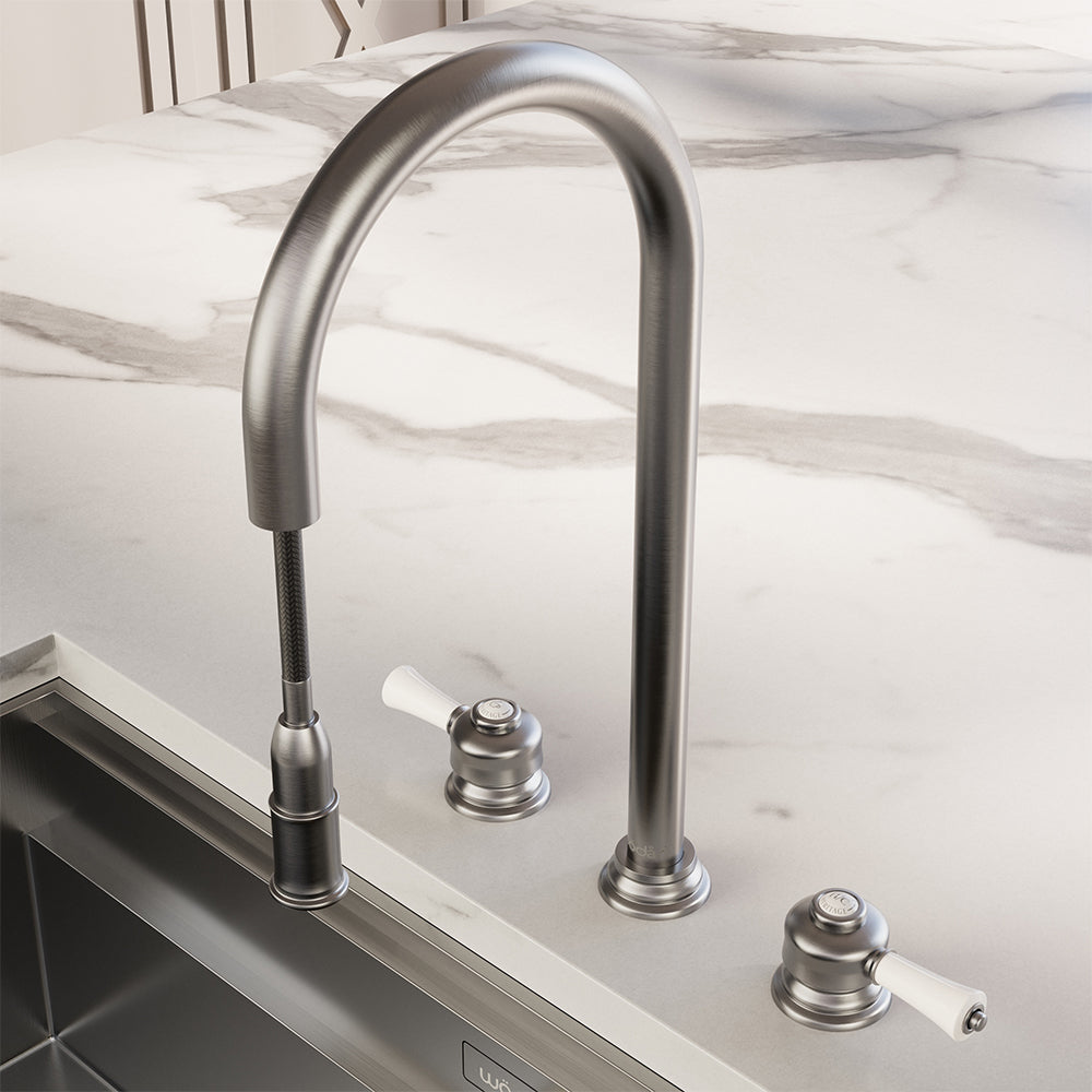 Knightsbridge Deck Mount Traditional 4 in 1 Pull Out Brushed Nickel White Handle Boiling Hot Water Tap