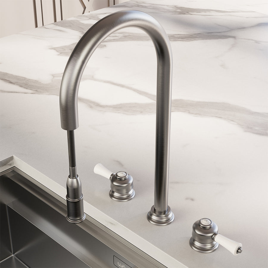 Knightsbridge Deck Mount Traditional 4 in 1 Pull Out Brushed Nickel White Handle Boiling Hot Water Tap
