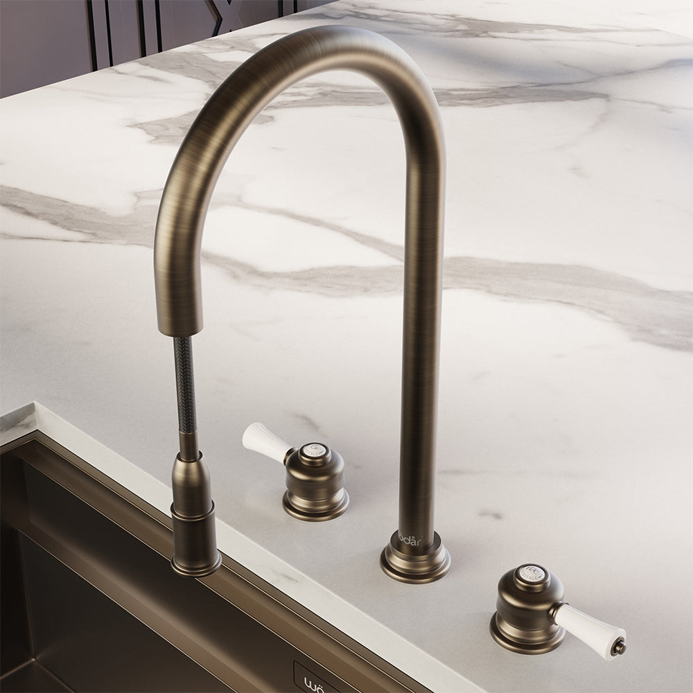 Knightsbridge Deck Mount Traditional 4 in 1 Pull Out Dark Brass White Handle Boiling Hot Water Tap