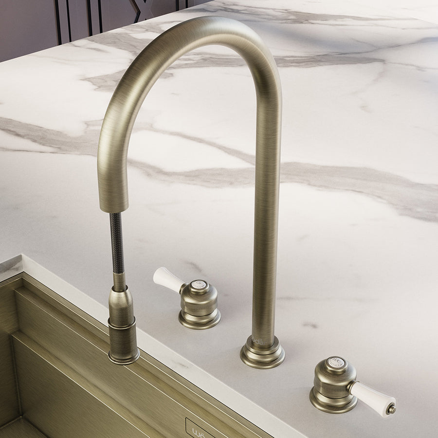 Knightsbridge Deck Mount Traditional 4 in 1 Pull Out Dark Brass White Handle Boiling Hot Water Tap